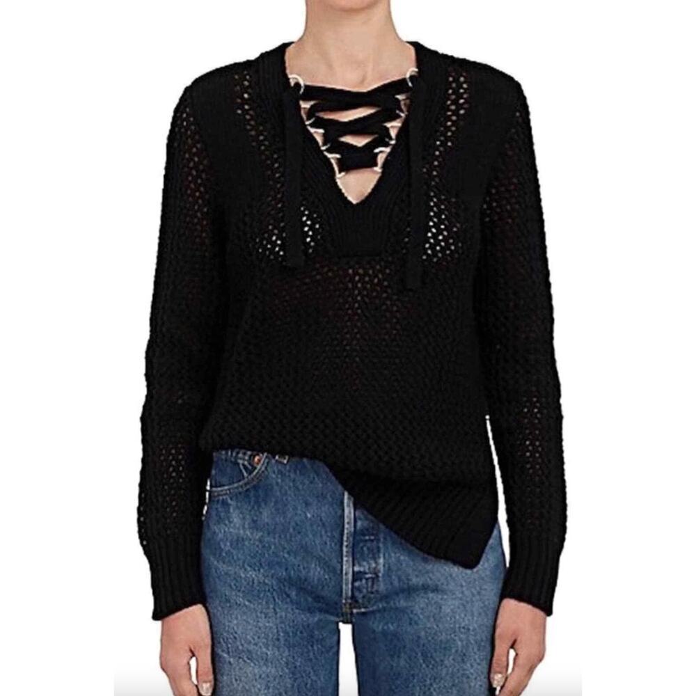 Derek Lam 10 100% Cotton Black Open Knit Tie Front Pullover Sweater • Size M
